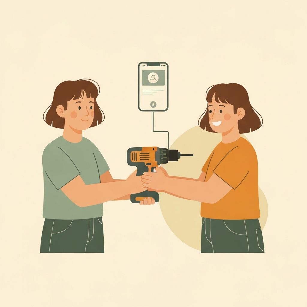 Illustration of two neighbours sharing items through the StuffShare app