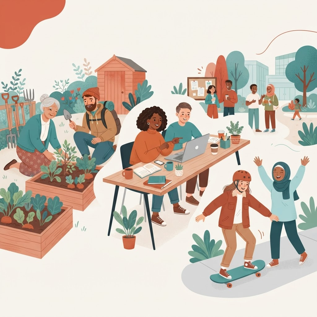 Illustration of people from different generations and cultures gardening, working, and skateboarding together