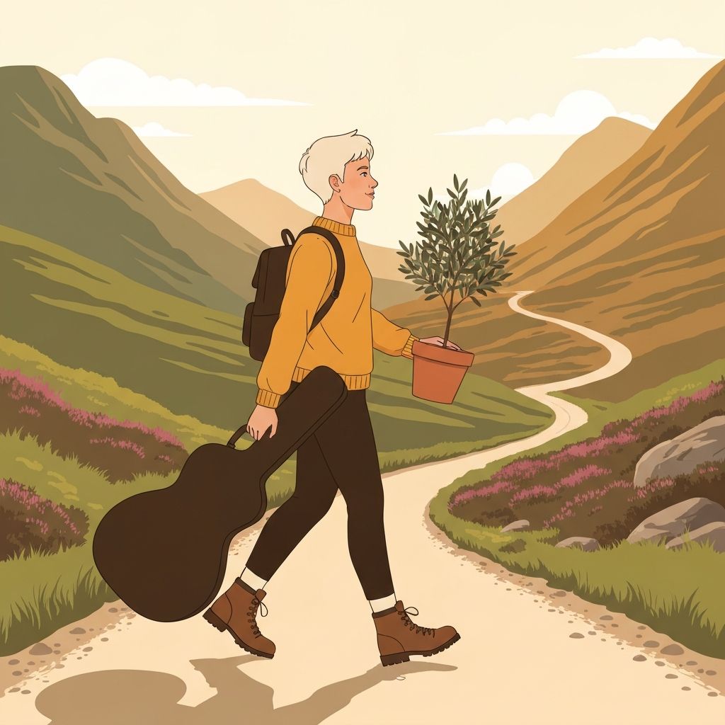 Illustration of a traveller with a backpack, guitar, and olive tree on a journey through the Scottish Highlands