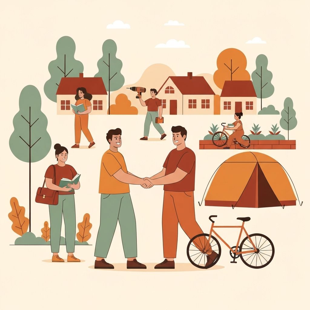 Community of diverse people sharing items with each other in a friendly neighborhood