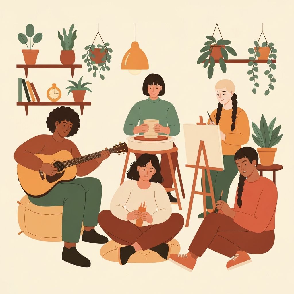 Illustration of neighbors gathered for a hobby hangout, playing guitar and crafting